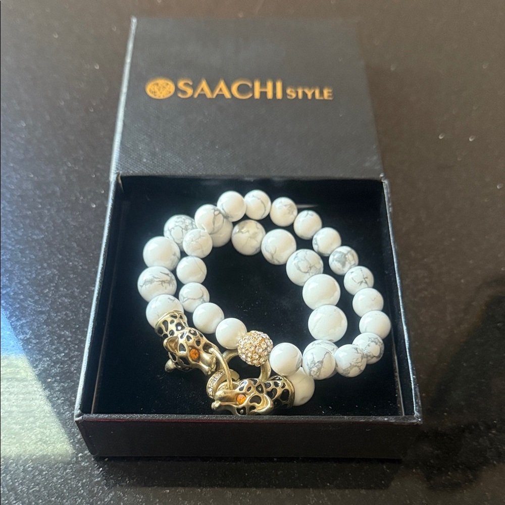 White Beaded Bracelet with Gold Accents